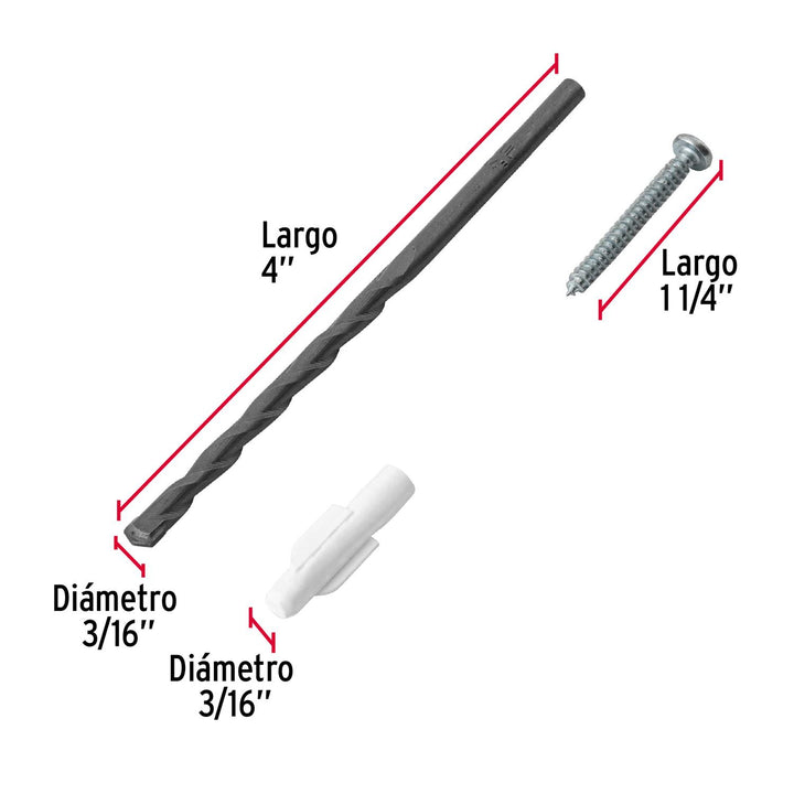 Kit de 20 taquetes 3/16' con pijas #6 y 1 broca 3/16', Fiero - Mundo Tool 