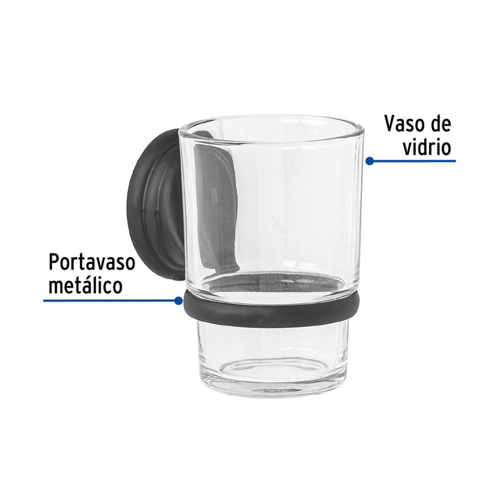 Portavaso cepillero negro con vaso de vidrio, Foset Aqua - Mundo Tool 