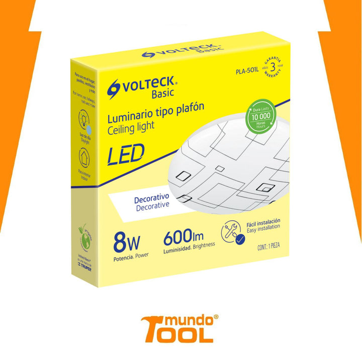 Plafón redondo, decorativo, diseño de cuadros, 8 W, LED Volteck - Mundo Tool 