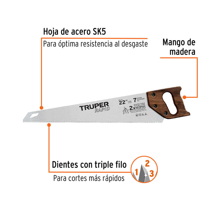 Serrucho Rapid 22', 7 DPP, mango de madera, Truper - Mundo Tool 