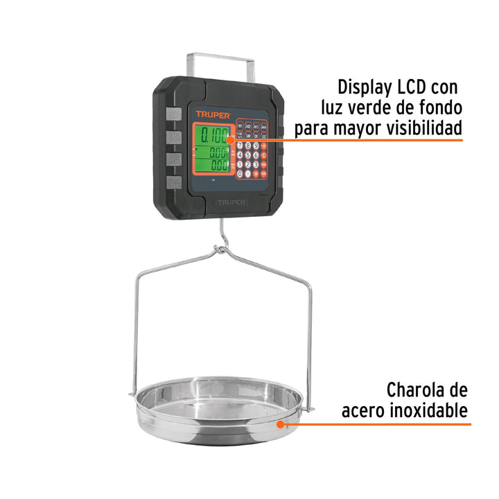 Báscula electrónica colgante, recargable, c/charola, 40 kg - Mundo Tool 