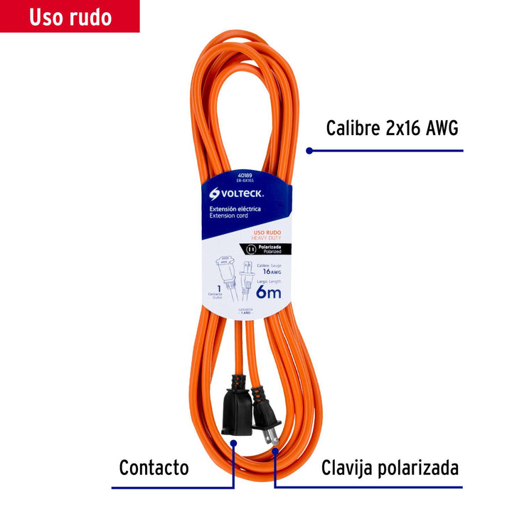 Extensión eléctrica uso rudo 6m 2x16 AWG para 1 clavija - Mundo Tool 