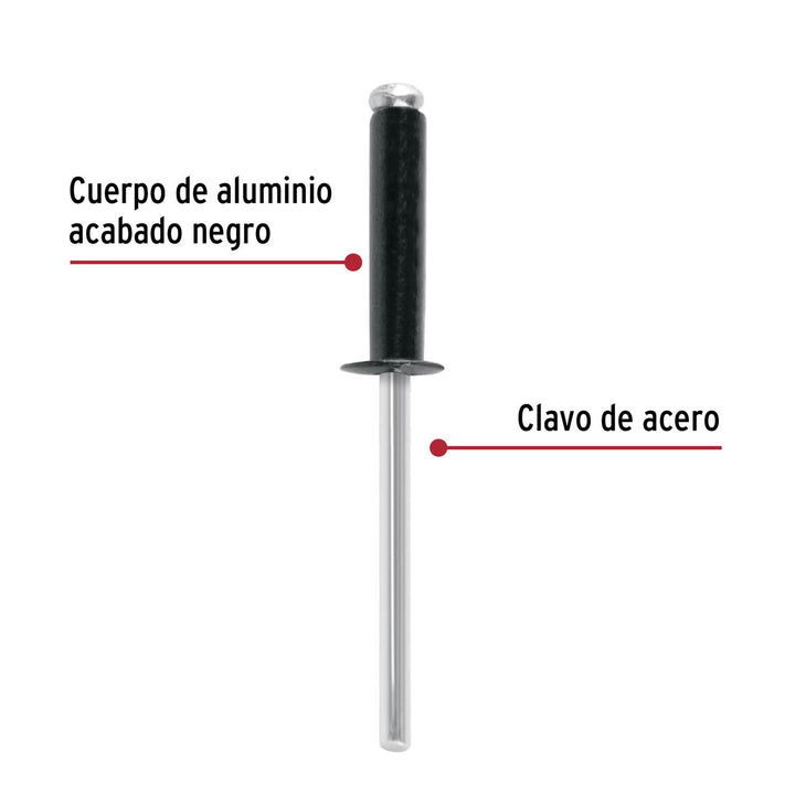 Bolsa c/50 remaches 5/32"x1/2" negros de aluminio, ala 5/16" - Mundo Tool 