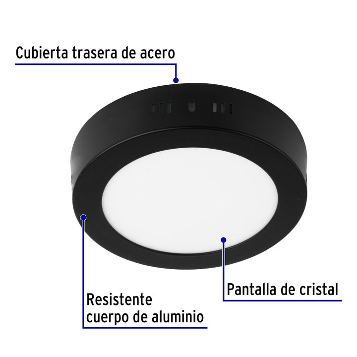 Luminario de LED 6 W redondo tipo plafón luz de día, negro - Mundo Tool 