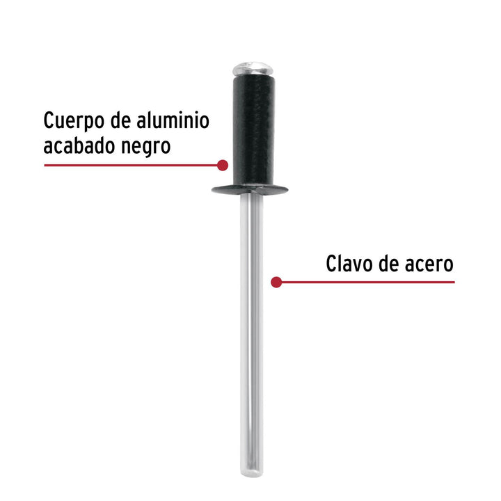 Bolsa c/50 remaches 5/32"x3/8" negros de aluminio, ala 5/16" - Mundo Tool 