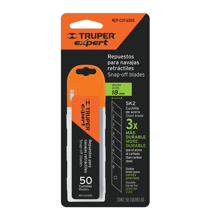 Cuchillas de repuesto para cutter de 18mm, 50 piezas, Expert Truper - Mundo Tool 