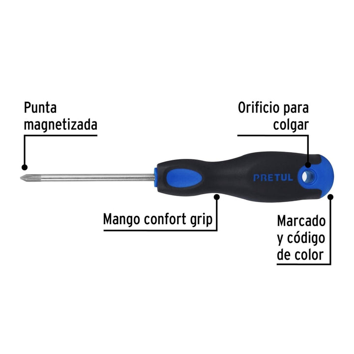 Desarmador de cruz 3/16" x 3" mango Comfort Grip, Pretul - Mundo Tool 