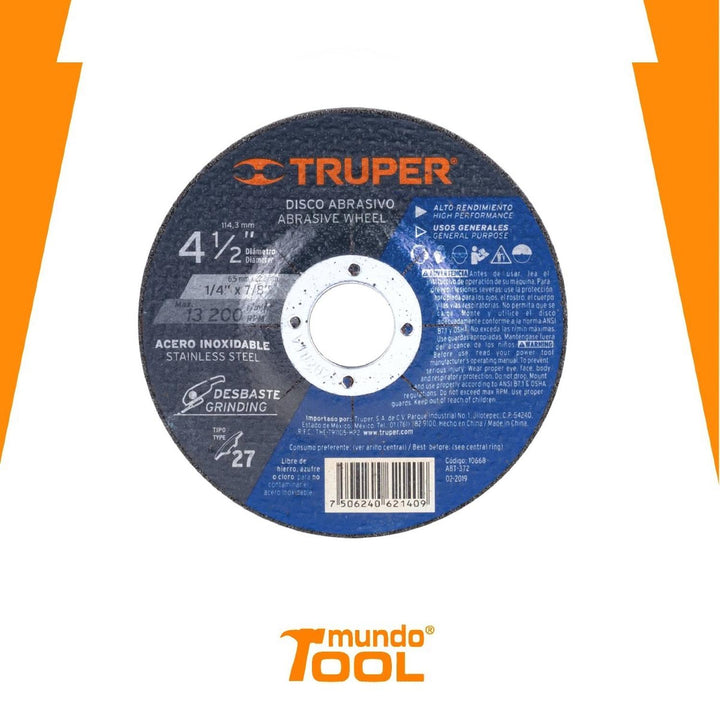 Disco para desbaste de acero inoxidable, tipo 27, 4-1/2' Truper - Mundo Tool 