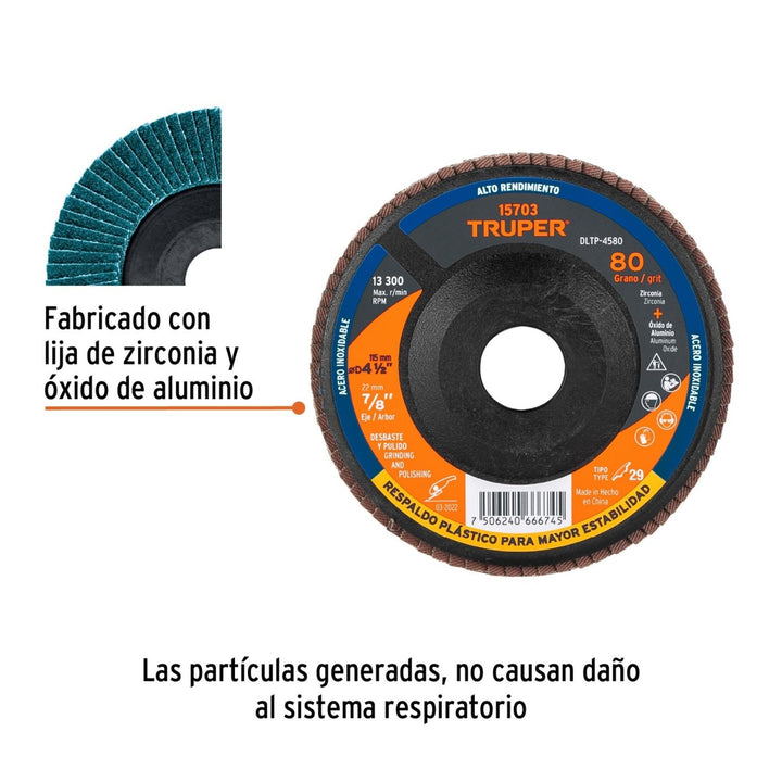 Disco Laminado 4-1/2 Barreno 7/8 Grano 80 Truper - Mundo Tool 