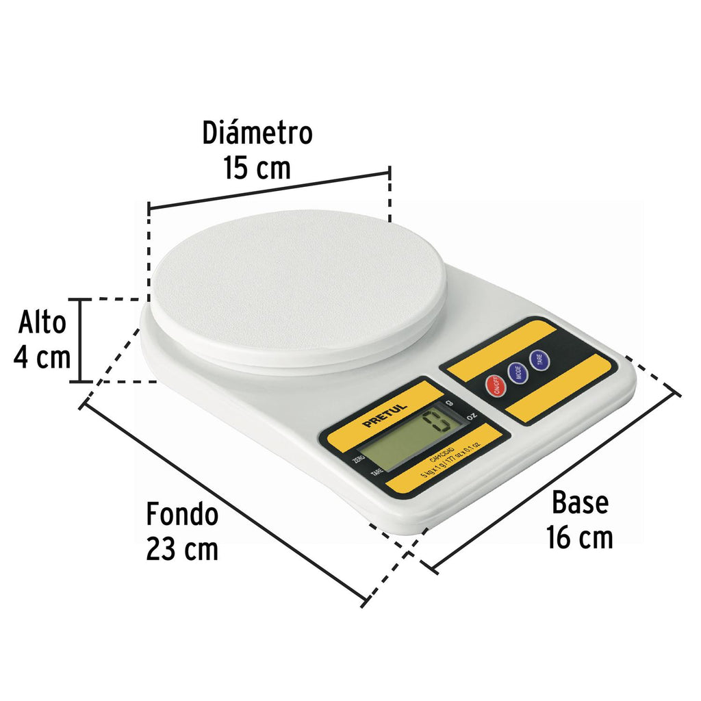 Báscula digital para cocina, plato de poliprop, 5 kg, Pretul