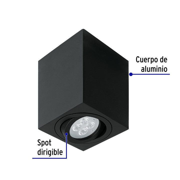 Luminario de sobreponer c/spot dirigible, cuadrado, negro - Mundo Tool 