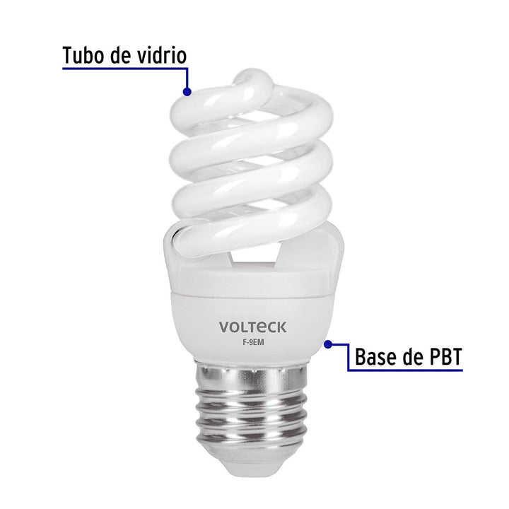 Lámpara espiral mini T2 9 W luz de día en blíster, Volteck - Mundo Tool 