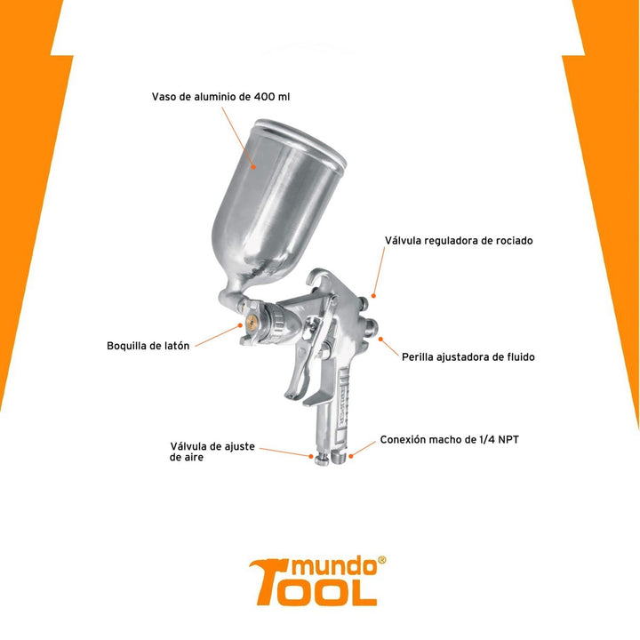 Pistola para pintar de Gravedad Aluminio Boquilla 1.4mm - Mundo Tool 