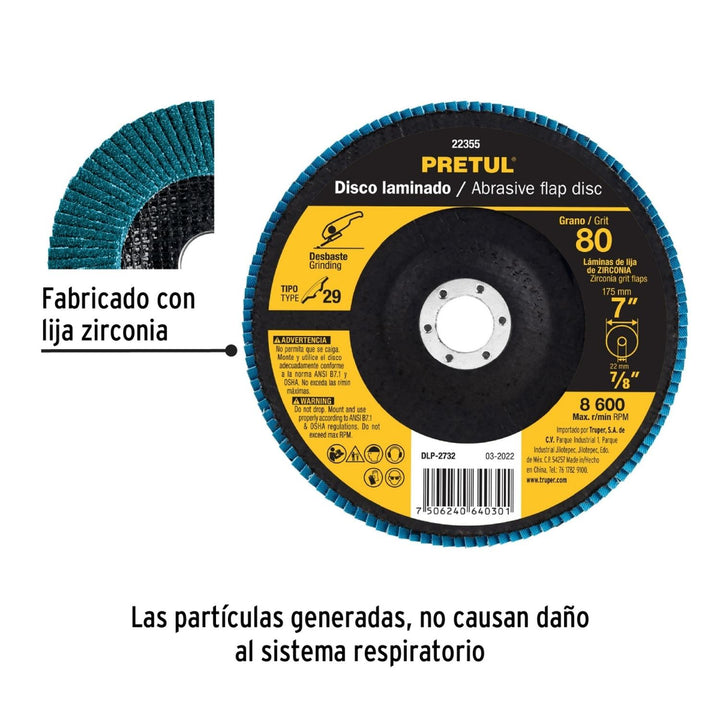 Disco Laminado 7' Grano 80 Centro 7/8' Pretul - Mundo Tool 