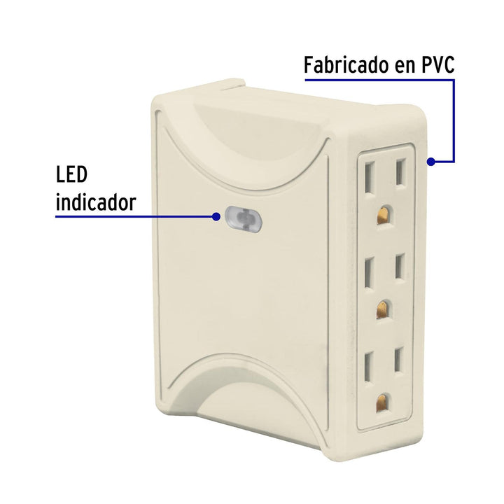 Multicontacto 6 entradas, aterrizado, lateral, Volteck - Mundo Tool 