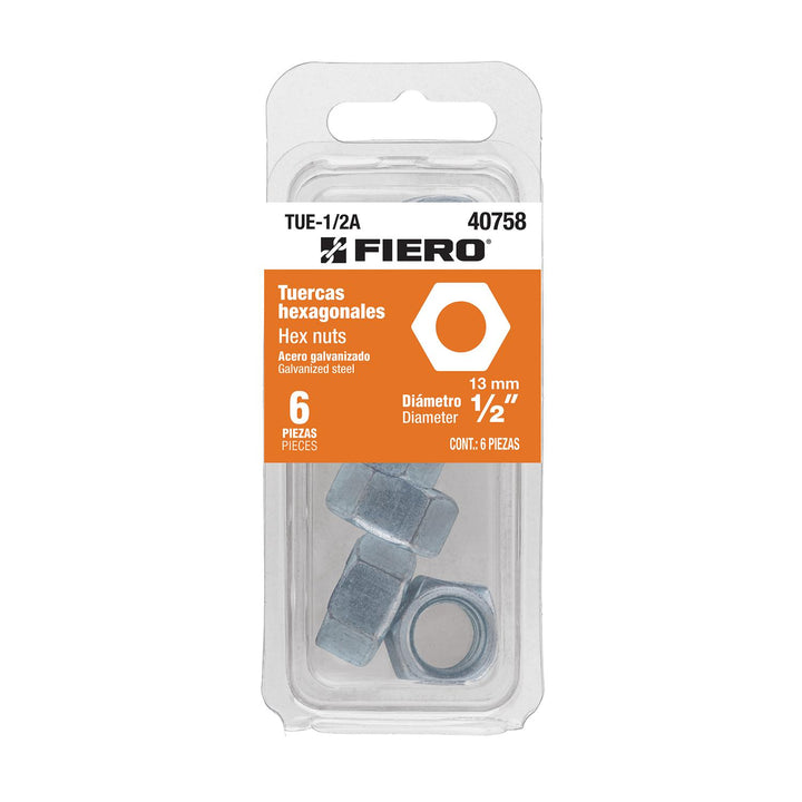 Blíster con 6 tuercas 1/2' hex de acero galvanizado, Fiero - Mundo Tool 