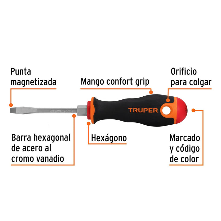 Desarmador plano 3/16" x 3" mango Comfort Grip, Truper - Mundo Tool 