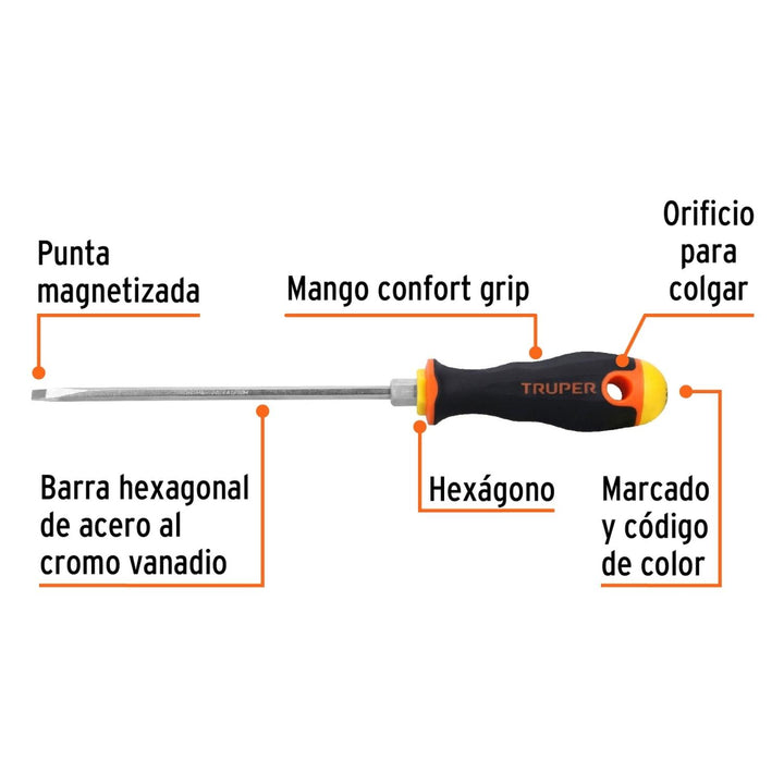 Desarmador cabinet 3/16x6" mango comfort grip Truper - Mundo Tool 