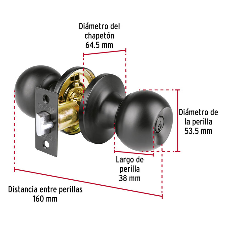 Cerradura esfera tubular, recámara, negro, Hermex Basic - Mundo Tool 