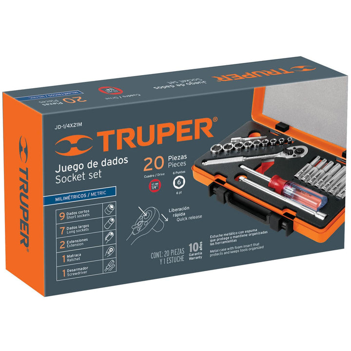 Juego De Autoclé Cuadro 1/4' 21pzs Mm Truper - Mundo Tool 