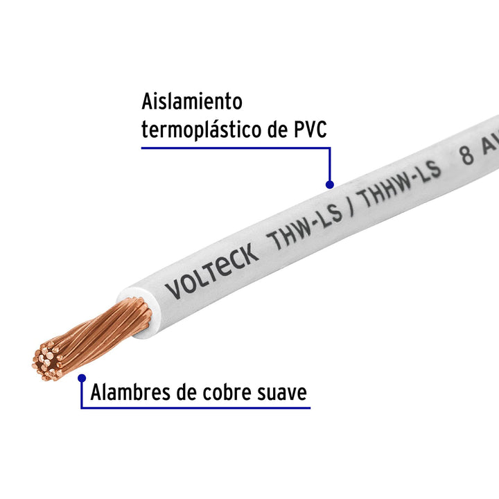 Carrete con 10 m de cable THHW-LS 8 AWG blanco, Volteck - Mundo Tool 