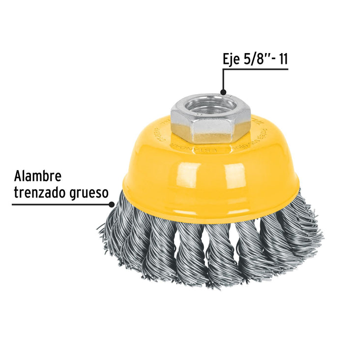 Carda copa 3' alambre trenzado grueso, eje 5/8'-11, Pretul - Mundo Tool 