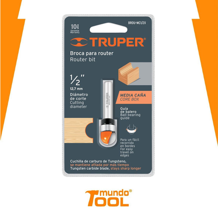 Broca para router, media caña, 1/2' con balero Truper - Mundo Tool 