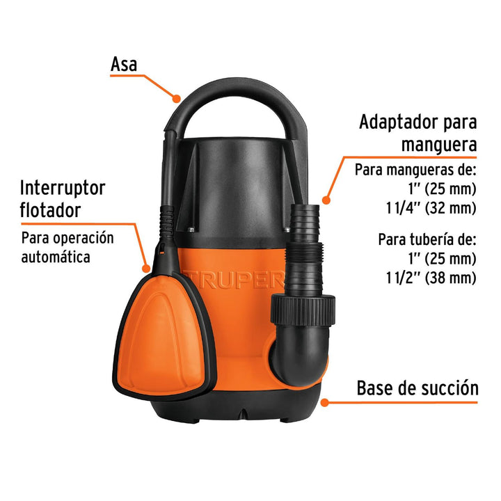 Bomba sumergible plástica, 3/4 HP para agua limpia, Truper - Mundo Tool 