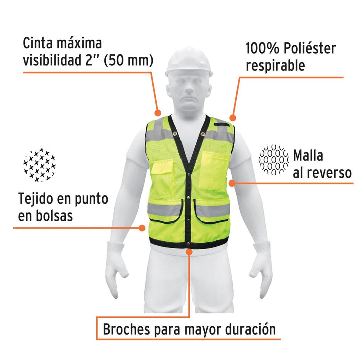 Chaleco seguridad reforzado verde con bolsas, XG, Expert - Mundo Tool 