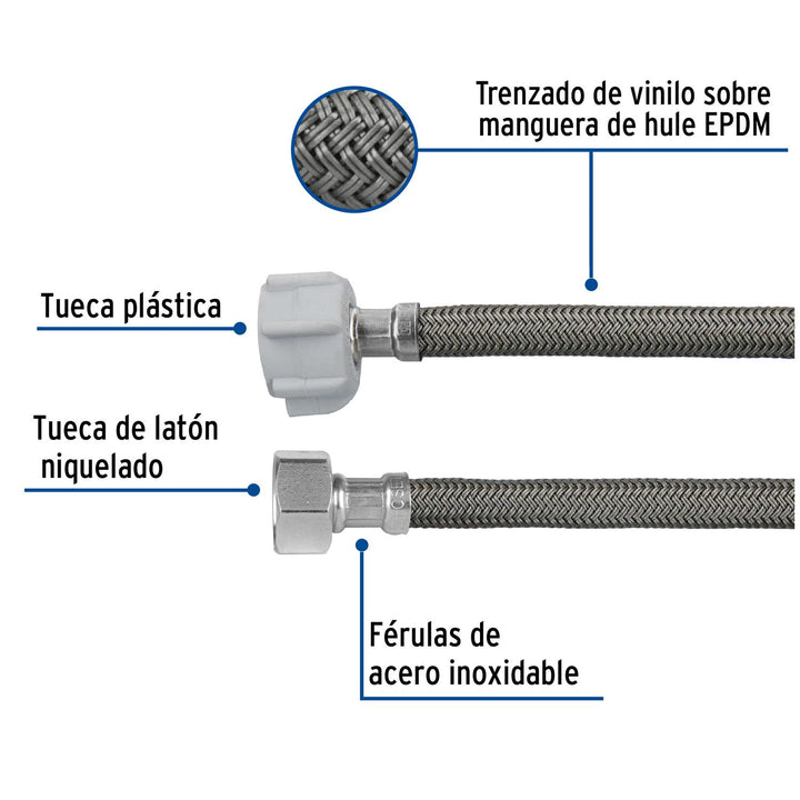 Manguera p/WC, vinilo gris, 1/2'x7/8', 60cm, plástico/latón - Mundo Tool 