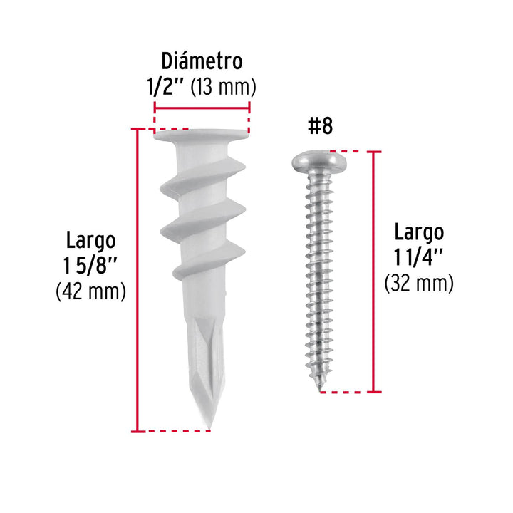 Kit 20 taquetes plásticos 1/2', p/panel de yeso con pijas #8 - Mundo Tool 