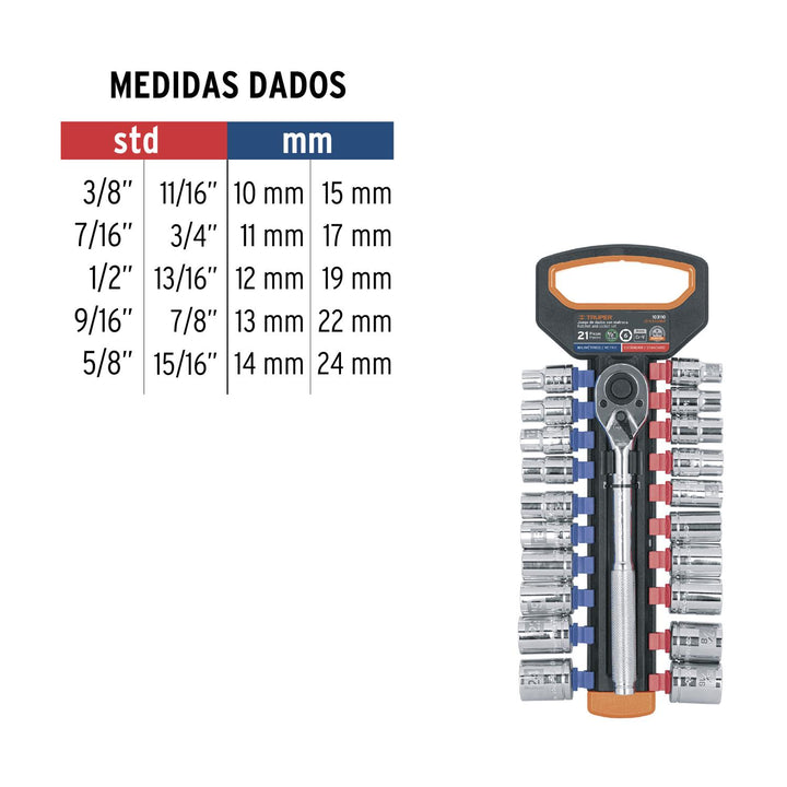 Juego de dados mm y std con matraca, cuadro 1/2', Truper - Mundo Tool 