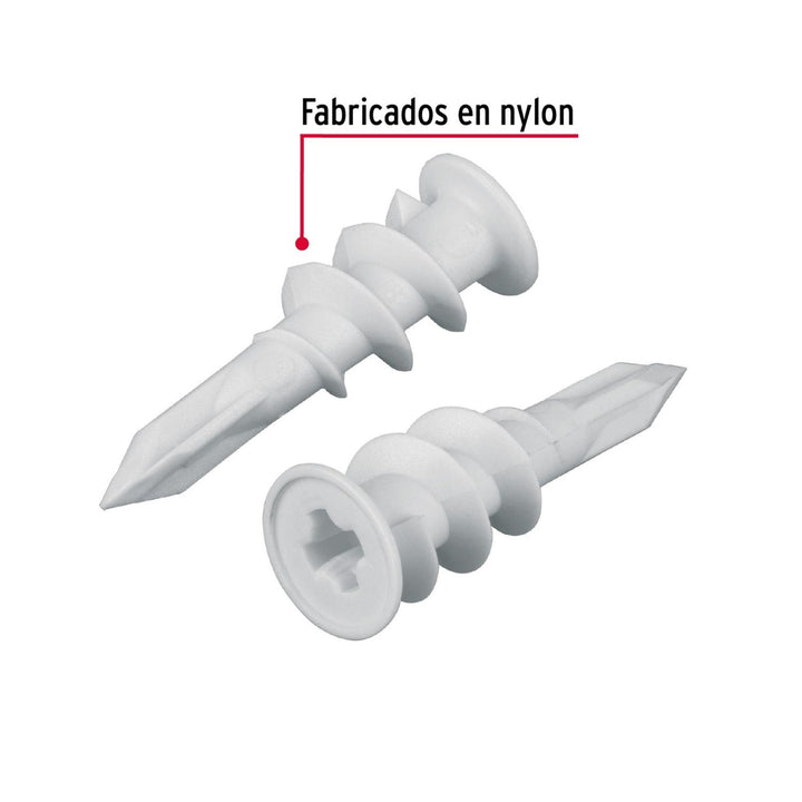 Taquete 1/2', plástico, autotaladrante,p/panel yeso,100 pzas Fiero - Mundo Tool 