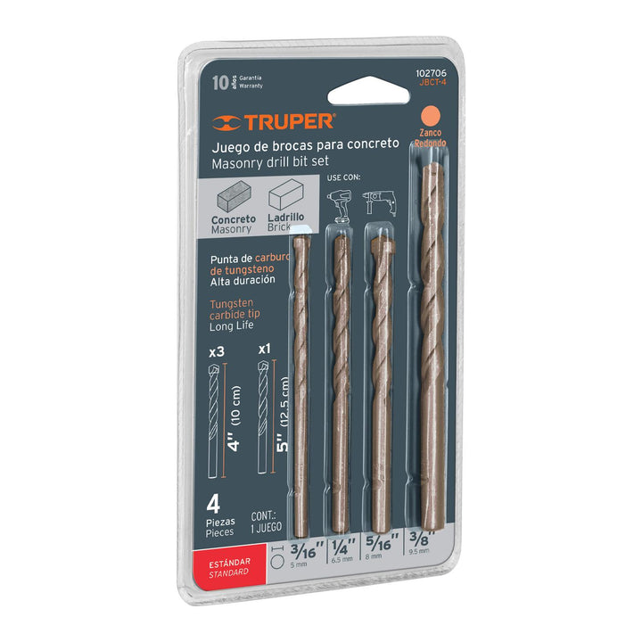 Juego de 4 brocas para concreto, punta de carburo, Truper - Mundo Tool 