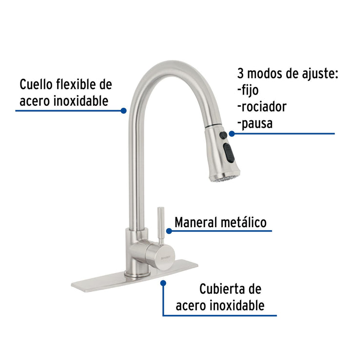 Monomando para fregadero, cuello extraible, satín, Tubig - Mundo Tool 