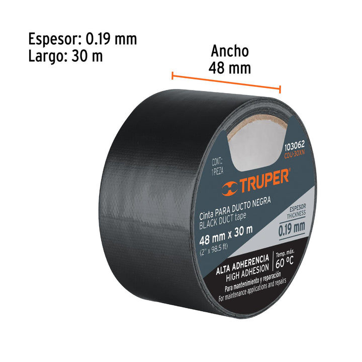 Cinta negra para ducto 30m x 48mm, espesor 0.19mm, Truper - Mundo Tool 