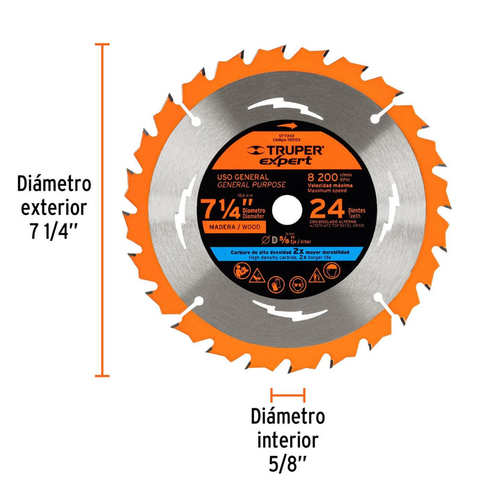 Disco sierra p/madera 7-1/4', 24 d, centro 5/8',Expert Expert - Mundo Tool 