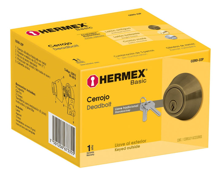 Cerrojo Latón Antiguo Doble Cilindro Basic Hermex - Mundo Tool 