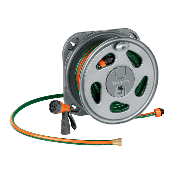 Truper COMBO-301, Combo de manguera reforzada 3 capas 1/2″ pistola de riego plástica 8 funciones y porta manguera - Mundo Tool 