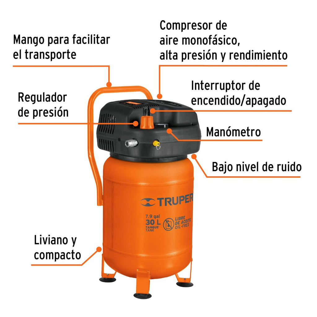 Compresor libre de aceite compacto 30L, 3HP 127V Truper
