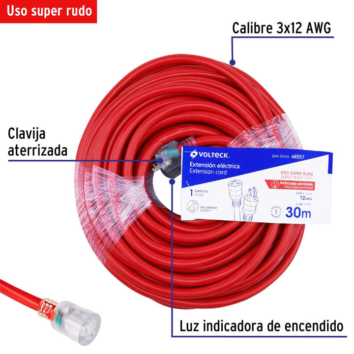 Extensión reforzada aterrizada 30 m 3x12 AWG, Volteck - Mundo Tool 