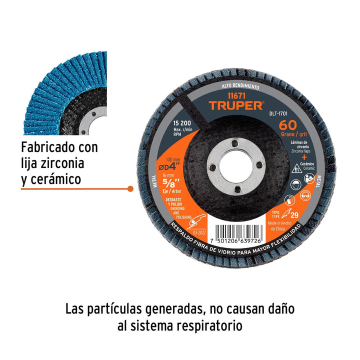 Disco laminado, tipo 29, diámetro 4', grano 60, centro 5/8' Truper - Mundo Tool 