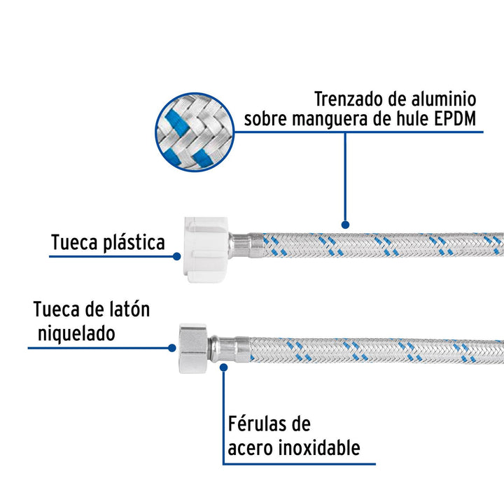 Manguera p/WC, aluminio, 1/2' x 7/8', 50 cm, plástico/latón - Mundo Tool 