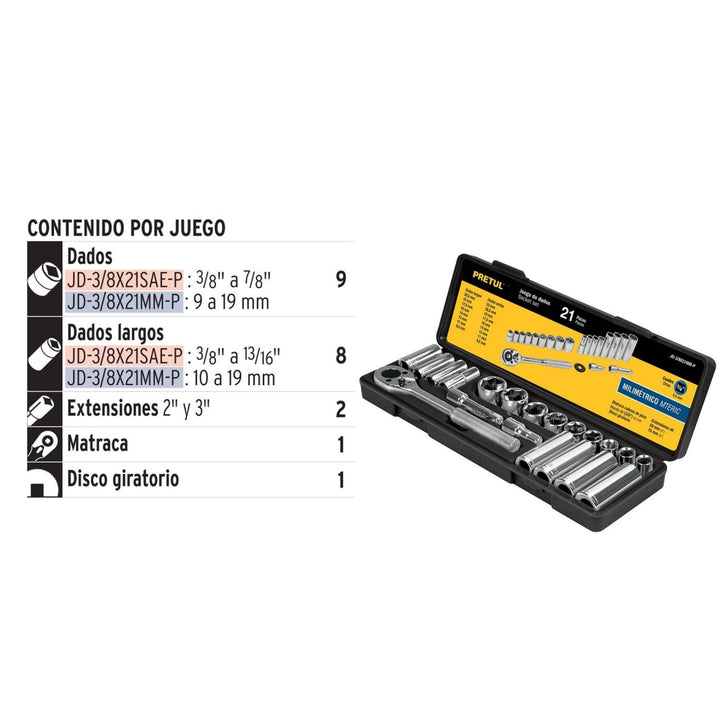 Juego De Dados Cuadro 3/8' 21 Pzas Mm Pretul - Mundo Tool 