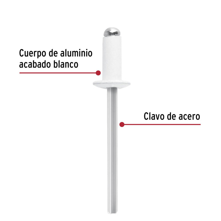 Bolsa c/50 remaches 5/32"x1/4" blancos aluminio, ala 5/16" - Mundo Tool 