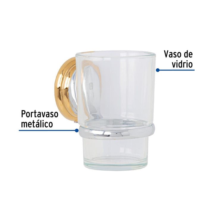 Portavaso cepillero cromo-oro con vaso de vidrio, Foset Aqua - Mundo Tool 