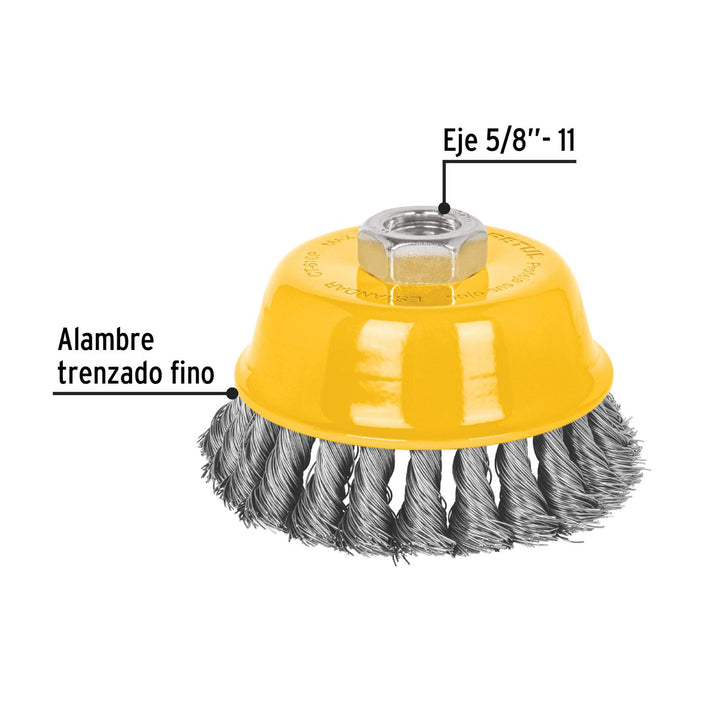 Carda copa 4' alambre trenzado fino, eje 5/8'-11, Pretul - Mundo Tool 