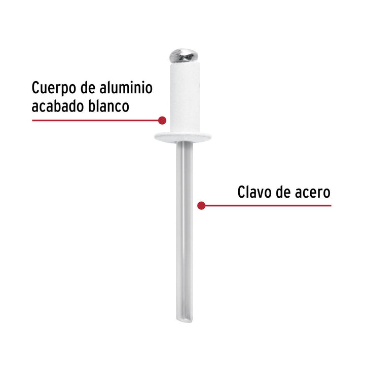 Bolsa c/50 remaches 3/16"x1/2" blancos de aluminio, ala 3/8" - Mundo Tool 