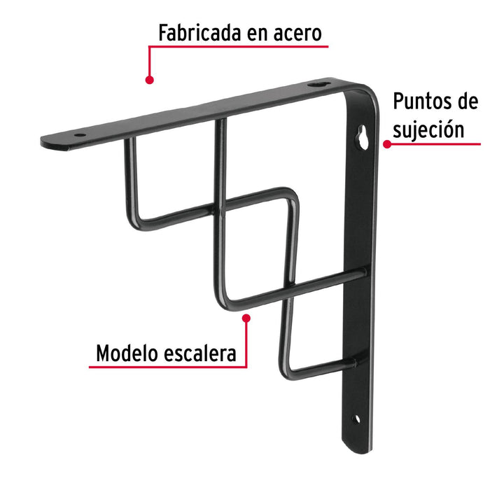 Ménsula reforzada negra 8 x 8' diseño escalera, Fiero. 1 pza - Mundo Tool 