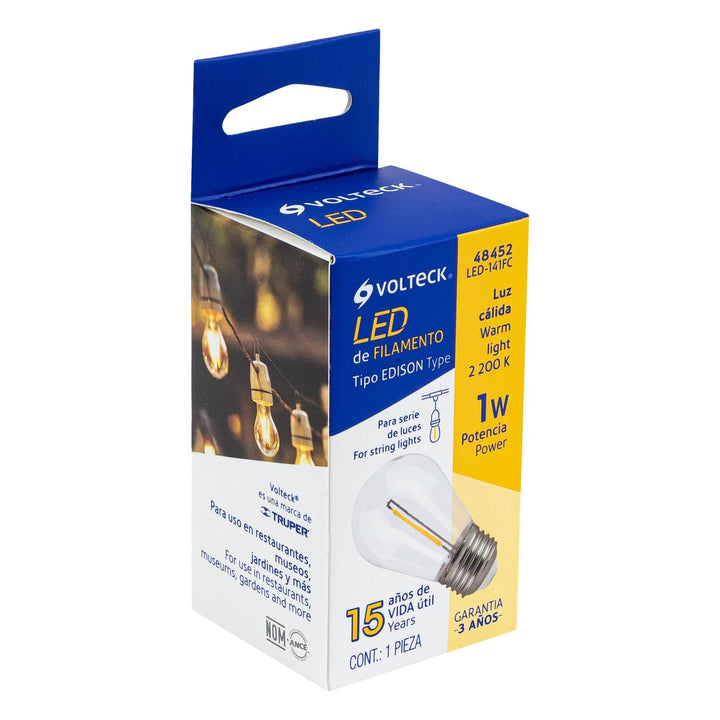 Lámpara LED S14 con filamento 1 W luz cálida, caja, Volteck - Mundo Tool 